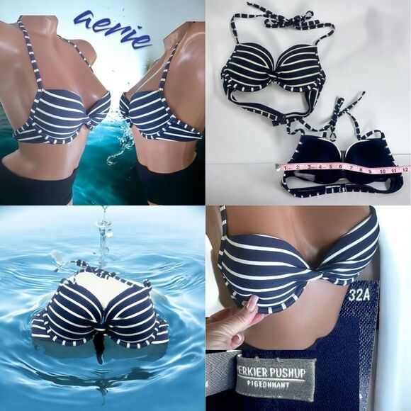 aerie Swimwear l Blue/White Striped Bikini Top l Perkier Push-up l 32A l EUC - Picture 6 of 9